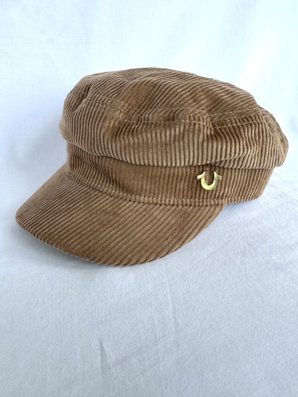 True Religion Corduroy Cadet Newsboy Cap Brown Gold Horseshoe Logo NWT